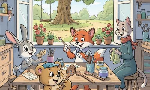 Benny Bear, a small light-brown teddy bear with round eyes and visible teeth when he smiles, curious and delighted, sits in the foreground wearing a small blue cap with a feather and delicately holding a wooden spoon decorated with stars while looking at the table; the artist fox, a little red fox with paint-splattered paws and an embarrassed but happy expression, stands behind the table painting tiny stars on a second spoon; Lila Rabbit, a small gray rabbit with long ears and sparkling eyes, stands to Benny’s left, enthusiastic, holding a paper boat and proudly showing the spoon; the scarf-wearing cat, slim and elegant, stands on a stool to the right smiling, holding a cloth and offering a towel to polish the spoon; the bright garden workshop beside a park path features a wooden table covered with paint pots, brushes, scraps of paper, painted stars, flower pots and an open window looking onto a path with a large oak and a swing; the warm scene centers on returning the lost spoon with friendly gestures, quiet laughter and soft afternoon sunlight casting long colorful shadows; visual style: clear lines, bright and pastel colors, visible wood and fur textures, readable facial expressions, composition centered on the table.