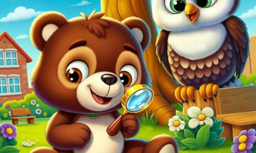 Benny Bear, a soft and smiling teddy bear with brown fur and sparkling curious eyes, is crouched in the green grass of the school garden, holding a small magnifying glass and displaying a determined expression. Next to him, Owl, a wise-looking owl with white and brown feathers and large round eyes, is perched on a tree branch, watching Benny attentively with an encouraging smile. The setting is a sunny school garden filled with colorful flowers, wooden games, and a large majestic tree, where children love to play and explore. The main scene shows Benny and Owl searching for a missing toy car, with Benny scrutinizing the ground with his magnifying glass while Owl observes the surroundings, ready to solve the mystery together.
