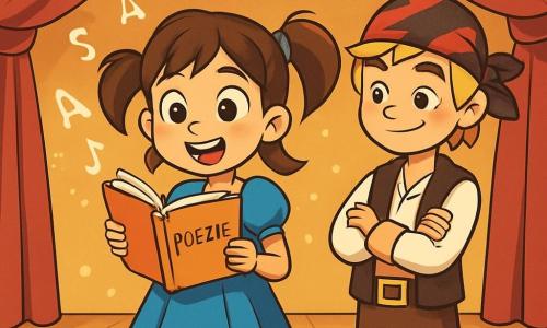 O fată de 10 ani, Bianca, stă pe o scenă de teatru, cu ochii strălucind de emoție și determinare. Poartă o rochie frumoasă albastră cu o curea mare galbenă, iar părul ei castaniu este prins în două codițe care dansează în jurul feței ei zâmbitoare. Ține în mâini o carte de poezie deschisă, cu mâinile tremurând ușor de anticipație. Lângă ea, Vlad, un băiat de 10 ani cu părul blond zbârlit și un costum de pirat, o încurajează cu un zâmbet cald, stând puțin mai în spate, cu brațele încrucișate, pregătit să o aplaude. Decorul teatrului este vibrant, cu perdele roșii din catifea și lumini strălucitoare care iluminează scena. Scaune roșii sunt aranjate în rânduri în fața scenei, pline de părinți și prieteni nerăbdători. Bianca, plină de curaj, se pregătește să recite poezia ei în fața publicului, în timp ce literele cuvintelor ei par să danseze în jurul ei, creând o atmosferă magică și veselă.
