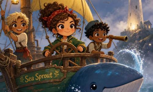 Captain Cassia, happy and determined with bright eyes and a calm smile, curly chestnut hair tied with a red scarf, wearing a green captain's jacket, stands at the ship's wooden wheel; Pip, about 9, freckled and awestruck with a small cap, leans on the starboard rail holding a long bamboo spyglass; Molly, ~25, mischievous and brave with short blond hair, smiles as she hauls a rope near the mast. A friendly blue whale surfaces beside the green-hulled 