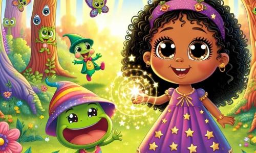 Na środku obrazu mała czarownica imieniem Zuzia, czteroletnia dziewczynka z dużymi, błyszczącymi oczami i kręconymi czarnymi włosami, nosi fioletową sukienkę ozdobioną złotymi gwiazdami. Ma promienny uśmiech, pełna ekscytacji, machając swoją małą różdżką, sprawia, że pojawia się mówiące ciastko. Obok niej wesołe ciastko z uśmiechniętą twarzą i biszkoptowymi ramionami tańczy na liściu, dodając magii i koloru do sceny. Niedaleko nich skacze mała zielona żaba imieniem Żabek, z dużymi okrągłymi oczami i kolorowym kapeluszem, skacząc w rytm, śmiejąc się z radości. Tło przedstawia zaczarowany las, wypełniony drzewami o kolorowych pniach, świecącymi kwiatami i magicznymi stworzeniami latającymi wokół. Promienie słońca filtrują się przez liście, tworząc ciepłą i radosną atmosferę. Główna sytuacja pokazuje Zuzie rzucającą zaklęcie, podczas gdy ciastko i Żabek tańczą i śmieją się wokół niej, wypełniając powietrze magią i szczęściem, ilustrując dzień pełen czarujących i zabawnych przygód.
