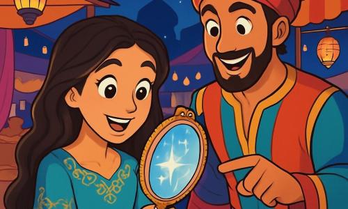 Aisha, een jonge vrouw met lange golvende kastanjebruine haren, draagt een turquoise zijden jurk versierd met gouden patronen, haar gezicht verlicht door een verwonderde glimlach. Haar ogen stralen van nieuwsgierigheid terwijl ze een prachtige glinsterende spiegel in haar handen houdt, die magische reflecties onthult. Naast haar staat Jinn, een mysterieuze man van ongeveer 30 jaar met heldere ogen en een zorgvuldig getrimde baard, gekleed in een flamboyante tuniek met felle kleuren. Hij glimlacht vriendelijk en wijst naar de magie die uit de spiegel straalt. De achtergrond is een sterrennacht op een levendige oosterse markt, vol met kleurrijke kraampjes, glinsterende lantaarns en flonkerende stoffen die in de bries wapperen. De lucht is doordrenkt met de geur van exotische specerijen en zoete lekkernijen, wat een betoverende sfeer creëert. De scène toont Aisha en Jinn die samen de magische spiegel ontdekken, omringd door het schitterende licht van de nacht, terwijl ze zich voorbereiden om in een avontuur vol mysteries en ontdekkingen te duiken.