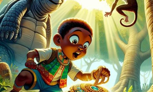 Kofi, een jonge Afrikaanse jongen van ongeveer 10 jaar, heeft een warme bruine huid en krullend haar. Hij draagt een kleurrijke short en een lichtgewicht katoenen t-shirt, met een uitdrukking van verwondering en vastberadenheid terwijl hij een prachtige glanzende gouden ketting ontdekt, voorzichtig neergelegd in de schaduw van een grote baobab. Dichtbij kijkt een wijze oude schildpad van ongeveer 70 jaar, met een schild versierd met natuurlijke patronen, hem vriendelijk aan, zittend op een platte steen, alsof ze op Kofi let. Iets verderop slingert een speelse kleine aap van ongeveer 5 jaar, met sprankelende ogen en een bruine vacht, vrolijk op een tak, wat een vrolijke toets aan de scène toevoegt. De plek is een groene open plek, omringd door majestueuze bomen, met zonnestralen die door de bladeren filteren en een spel van schaduw en licht creëren. Kleurrijke bloemen bedekken de grond, wat een vleugje magie aan de omgeving toevoegt. De belangrijkste situatie toont Kofi, verwonderd, die zijn hand naar de gouden ketting uitsteekt, wat zijn zoektocht naar wijsheid en avontuur symboliseert, terwijl de schildpad en de aap hem stilletjes aanmoedigen, wat het belang van vriendschap en ontdekking benadrukt.