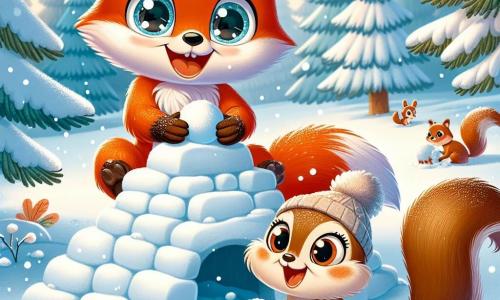 Un pequeño zorro llamado Tico, con un pelaje naranja brillante, ojos llenos de curiosidad y una cola esponjosa, está construyendo un fuerte de nieve. Muestra una gran sonrisa, llena de emoción y alegría. A su lado, su mejor amiga, Lila, una ardilla de ojos traviesos y pelaje marrón suave, está recogiendo bolas de nieve, riendo a carcajadas. Se encuentra justo al lado de Tico, lista para ayudarlo en su proyecto. El escenario es un hermoso claro invernal, donde la nieve brilla bajo el sol de invierno, rodeado de grandes abetos cubiertos de nieve. Copos de nieve caen suavemente, añadiendo un toque mágico a la escena. La situación principal muestra a Tico y Lila, inmersos en su actividad alegre, construyendo juntos un fuerte de nieve, rodeados de risas y camaradería, simbolizando el espíritu del invierno y la amistad.