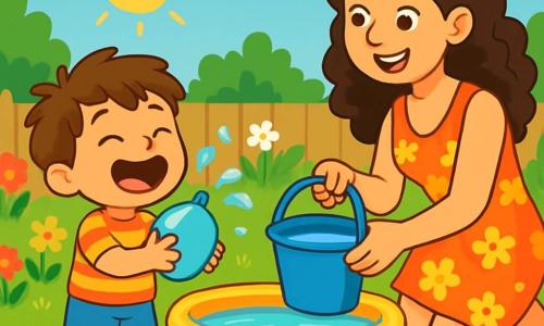 Un niño de 4 años, llamado Julián, con cabello castaño desordenado y ojos brillantes de alegría, lleva una camiseta a rayas de colores vivos y un short azul. Se ríe a carcajadas, sosteniendo un globo lleno de agua en sus pequeñas manos. A su lado, su mamá, una mujer sonriente de unos treinta años, con cabello largo y rizado, lleva un vestido ligero de flores. Ella está llenando un balde de agua, lista para jugar con su hijo. La escena transcurre en un jardín soleado, lleno de flores coloridas y vegetación exuberante. Una pequeña piscina inflable está instalada en el centro, rodeada de juguetes de verano y globos de agua brillantes. Julián y su mamá están a punto de divertirse en una alegre batalla de agua, salpicando gotas brillantes bajo el radiante sol.