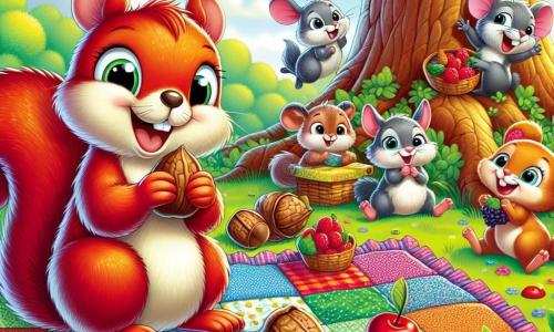 Ein kleines rotes Eichhörnchen namens Emil, mit glänzendem Fell und funkelnden Augen, sitzt auf einer großen Patchwork-Decke unter einem majestätischen Baum. Es lächelt breit, während es eine Nuss in seinen kleinen Pfoten hält, umgeben von seinen Freunden. Neben ihm reicht eine kleine graue Maus namens Mia, mit einem großen Lächeln und runden Ohren, einer anderen Freundin eine Beere. Ein junger Hase namens Hugo, mit großen Ohren und braunem Fell, hüpft fröhlich im Hintergrund und lacht begeistert. Der Ort ist ein schöner, grüner Park, voller bunter Blumen und Sonnenstrahlen, die durch die Blätter der Bäume filtern. Die Hauptsituation zeigt die Tiere, die ein fröhliches Picknick teilen, mit Früchten und Nüssen, die auf der Decke ausgebreitet sind, was Freundschaft und Solidarität symbolisiert.