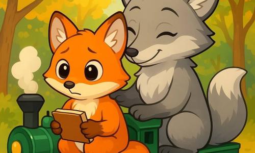 A small bright orange fox, with soft and silky fur, sits on a shiny green train, its large round eyes expressing a mix of curiosity and apprehension. It holds a small paper notebook with a brown cover, its paws trembling slightly, revealing its nervousness. Next to it, a grandmother fox with silver-gray fur and wise, comforting eyes smiles gently while placing a reassuring paw on the young fox's shoulder, showing an expression of calm and pride. The train travels through an enchanted forest, surrounded by trees with golden and green leaves, where sunlight filters through the branches, creating dancing shadows on the ground. The scene captures the moment when the little fox, though nervous, begins to draw in its notebook, a faint smile appearing on its face as the train moves away in a cloud of white steam.