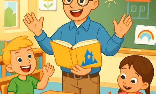 Ein lächelnder Lehrer, ein Mann in den Vierzigern mit braunen Haaren und runden Brillen, steht in der Mitte der Klasse. Er trägt ein blaues Hemd und beige Hosen, und sein Gesicht strahlt Freude und Enthusiasmus aus. Er hält ein großes, offenes Buch und zieht mit lebhaften Gesten die Aufmerksamkeit der Kinder auf sich. Rechts von ihm hebt ein 8-jähriger Junge, Ben, mit blonden Haaren und funkelnden Augen, mit einem breiten Lächeln die Hand, um eine Frage zu stellen. Links von ihm ist Mia, ein 7-jähriges Mädchen mit braunen Zöpfen und einem rosa T-Shirt, die sich auf ihr Blatt lehnt und sich auf ihre bunte Prinzessinnenzeichnung konzentriert. Die Szene spielt in einem hellen Klassenzimmer mit Wänden, die mit Kinderzeichnungen dekoriert sind, Regalen voller bunter Bücher und Fenstern, die Sonnenlicht hereinlassen. Holztische sind im Kreis angeordnet und schaffen eine warme, einladende Atmosphäre. Der Lehrer erzählt eine fesselnde Geschichte, und die Kinder hören aufmerksam zu, ihre Gesichter erleuchtet von Neugier und Aufregung. Die Kinder lachen und sind lebhaft, bereit, ihre eigenen Ideen und Kreationen zu teilen.