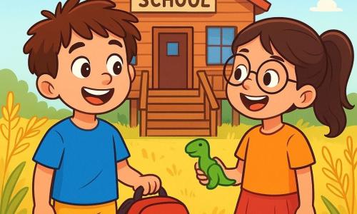 Een 8-jarig jongetje, Sam, met rommelig bruin haar en nieuwsgierige ogen, staat voor een houten school op palen, met een grote glimlach op zijn gezicht. Hij draagt een felblauwe t-shirt en een gele short, terwijl hij een nieuwe rode rugzak in zijn hand houdt. Naast hem staat zijn beste vriendin Noor, een 8-jarig meisje met een bruine paardenstaart en ronde brillen, die vrolijk lacht terwijl ze een groene gummie in de vorm van een dinosaurus vasthoudt. Op de achtergrond is de school omgeven door gouden tarwevelden die dansen in de wind, met houten trappen die naar de voordeur leiden. De scène toont Sam en Noor die enthousiast met elkaar praten, klaar om de school binnen te gaan voor hun eerste lesdag.