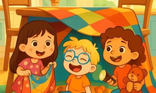 Ci sono 3 personaggi: - Anna: una bambina di 4 anni, con lunghi capelli castani e occhi scintillanti. Indossa un vestito rosa con pois bianchi e si tiene orgogliosa sotto il tavolo, tenendo una coperta colorata. - Leo: un bambino di 4 anni, con capelli biondi arruffati e occhiali rotondi. È seduto per terra, circondato da biscotti, mentre ride con una voce da papera. - Giulia: una bambina di 4 anni, con capelli ricci e un sorriso splendente. Tiene una torcia e un peluche, posizionandosi all'ingresso della loro 