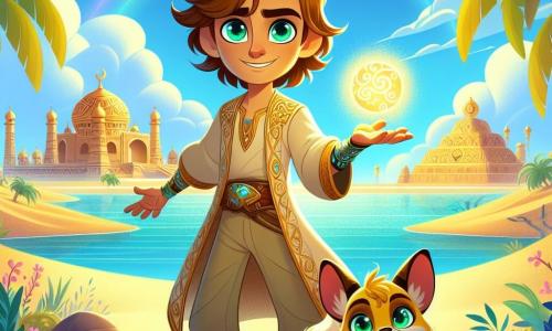 In the center of the image, a brave man named Kael stands with his arms slightly spread, holding a glowing orb in his hands. He has tousled brown hair, sparkling green eyes filled with excitement, and sun-kissed skin. His face expresses determination and joy, and he wears light armor adorned with golden patterns, along with a long cloak that gently billows in the desert wind. Beside him, Tiko, a small fennec fox with golden fur and bright yellow eyes, joyfully jumps around him. Tiko, full of energy, seems to encourage Kael with a mischievous smile, his ears perked up and his tail curled. In the background, the Cursed Oasis reveals itself, a magical place with shimmering waters surrounded by lush palm trees and colorful flowers. The sky is a bright blue, dotted with fluffy white clouds, while mysterious shadows dance around the edges of the oasis, hinting at its dark past. The scene captures the moment when Kael, victorious, raises the magical artifact above his head, ready to restore peace to the world. The vivid colors and enchanting details evoke a sense of adventure and hope, inviting children to imagine the stories behind each character and place.