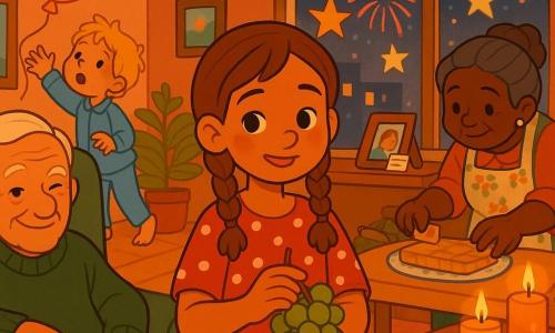 Niña de 10 años de mirada tímida pero radiante, pelo castaño claro en dos trenzas, vestido rojo de lunares, sostiene una racimo de uvas y dice suavemente Feliz año nuevo, ligeramente inclinada hacia la familia; madre de unos 35 años, pelo castaño suelto, arrodillada a la derecha colocando una foto y una nota; abuelo de unos 72 años, rostro arrugado y ojos pícaros, jersey verde, sentado a la izquierda mirándola con orgullo y guiñándole un ojo; abuela de unos 68 años, cabello gris recogido en moño, delantal de flores, de pie junto a la mesa decorando un plato de turrón con expresión cálida; hermanito de unos 6 años, pelo rubio despeinado, pijama azul, intentando alcanzar un globo que sube hacia el techo junto al sofá detrás de la niña; salón acogedor y festivo con guirnaldas doradas y estrellas de papel en las ventanas, velas de canela en la mesa baja, telas y cojines cálidos, luz suave naranja y azul de fuegos artificiales visibles por la ventana; escena principal: toda la familia reunida para las doce campanadas, la niña ofrece deseos en varios idiomas, ambiente íntimo y alegre con sonrisas, vitrinas de recuerdos y calidez festiva.