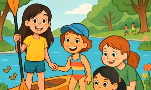 Ci sono quattro bambini: - Sofia: una ragazza di 10 anni, con lunghi capelli castani e occhi brillanti. Indossa una maglietta gialla e un pantaloncino di jeans. È in piedi vicino al lago, tenendo una pagaia da kayak, sorridente e piena di energia. - Marta: una ragazza di 10 anni, con capelli corti e ricci, di colore castano chiaro. Indossa un cappellino blu e un costume da bagno colorato. Si trova accanto a Sofia, pronta a entrare nel kayak, con un grande sorriso. - Giulia: una ragazza di 10 anni, con capelli lisci e neri, raccolti in una coda di cavallo. Indossa un vestito a fiori e tiene un taccuino da disegno. È seduta sull'erba, un po' in disparte, mentre disegna la scena. - Chiara: una ragazza di 10 anni, con capelli rossi e lentiggini sul viso. Indossa una maglietta verde e un pantaloncino. È accovacciata vicino a Giulia, osservando il suo disegno con ammirazione. La scena si svolge in un bellissimo lago circondato da grandi alberi verdi e fiori colorati. Il cielo è blu e soleggiato, e l'acqua scintilla sotto i raggi del sole. Anatre nuotano pacificamente in superficie e i bambini giocano sulla riva. Le quattro amiche sono pronte per un'avventura emozionante in kayak. Sofia e Marta stanno per salire nel kayak, mentre Giulia e Chiara le incoraggiano con entusiasmo, creando un'atmosfera gioiosa e amichevole.