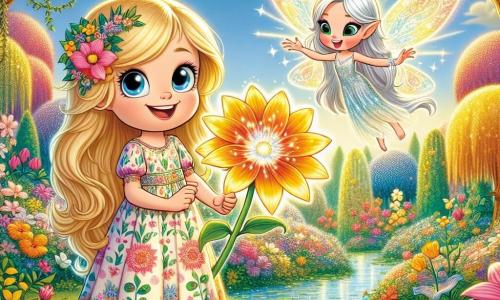Een 6-jarig meisje, Lotte, met lange blonde haren en sprankelende ogen van nieuwsgierigheid, staat in het midden van de scène met een grote glimlach op haar gezicht. Ze draagt een kleurrijke jurk met bloemenpatronen en houdt een prachtige glinsterende bloem in haar handen, symbool van haar magische ontdekking. Naast haar zweeft een kleine fee genaamd Faye, met doorschijnende en glanzende vleugels. Ze heeft zilverachtig haar en draagt een jurk van bloemblaadjes. Faye glimlacht vrolijk en moedigt Lotte aan in hun avontuur. De setting is een prachtige geheime tuin, vol met stralende bloemen in felle kleuren, grote bomen met gouden bladeren die in de zon glanzen, en een blauwe lucht met wollige wolken. Op de achtergrond kronkelt een glinsterende rivier door de tuin, wat een vleugje magie toevoegt. De hoofdscène toont Lotte en Faye die de magische bloem ontdekken, omringd door de schoonheid van de tuin, terwijl ze zich voorbereiden om de uitdagingen aan te gaan om de natuur te redden. De sfeer is vrolijk en vol verwondering, en vangt de geest van avontuur en vriendschap.