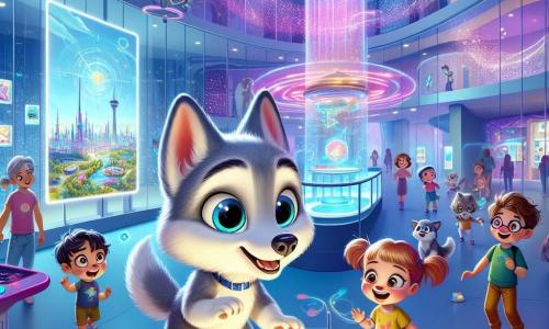 In een futuristisch museum staat een kleine wolf genaamd Lupo, met een zachte, zilveren vacht, vol nieuwsgierigheid en verwondering. Zijn grote, glanzende ogen kijken naar een holografisch scherm dat een kaart van de stad projecteert, terwijl hij op zijn achterpoten staat, klaar om te verkennen. Naast hem speelt een groep blije kinderen, met kleurrijke haren en heldere kleding, enthousiast met drones die om hen heen vliegen. Een van hen, een klein meisje met roze vlechten, lacht terwijl ze probeert een blauwe drone te besturen die door de lucht draait. Het museum is een grote, lichte ruimte met glazen muren en zwevende hologrammen die de kamer verlichten. Projecties van planeten en futuristische landschappen dansen op de muren, wat een magische en betoverende sfeer creëert. Lupo staat op een kruispunt, twijfelend tussen verschillende paden, terwijl hij de uitgang van het museum zoekt. Hij is omringd door fonkelende lichten en futuristische geluiden, wat zijn spannende avontuur in deze technologische wereld illustreert.