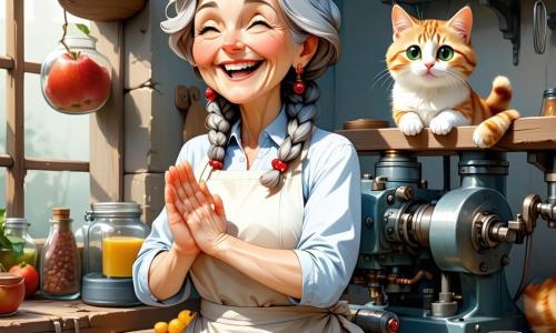 Pani Agata, ok. 40 lat, okrągła uśmiechnięta twarz, siwe włosy w warkoczowej koronie, figlarne oczy, brudna od mydła bluza i zapaska z kieszeniami, radośnie klaszcze przed maszyną, która właśnie sparowała skarpetki; Nutka, ruda z białymi plamami kotka, siedzi na drewnianej półce na wysokości głowy Pani Agaty, z ogonem owiniętym wokół słoika z narzędziami; mała, przytulna pralnio-laboratorium: kremowe ceglane ściany, drewniane półki z słoikami, wiszące narzędzia, kolorowe przewody, ręcznie robiona błękitna maszyna; maszyna z sprężynami i gąbkowymi szczękami wypuszcza dwie idealnie dopasowane pary skarpetek, przez powietrze unoszą się przezroczyste bańki mydlane i kilka skarpetek, złote światło wpada przez okno, optymistyczna, pomysłowa atmosfera.