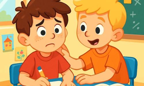 An 8-year-old boy, Max, with messy brown hair and freckles on his nose, sits at his blue desk, wide-eyed and with a worried expression on his face. He holds a pencil in his hand, ready to write, but his gaze is lost in the distance, revealing his nervousness. Next to him, his friend Ben, also an 8-year-old boy with blonde hair and an encouraging smile, leans towards him, whispering comforting words. They are both in a bright classroom, with walls decorated with children's drawings and a blackboard filled with colorful notes. The main situation shows Max, visibly anxious about taking a math test, while Ben offers his support, creating an atmosphere of friendship and solidarity.