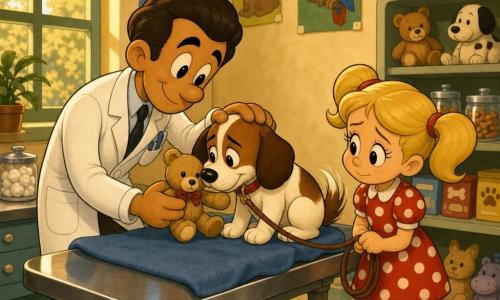 Een vriendelijke glimlachende dierenarts met bruin naar achteren gekamd haar en witte jas buigt zich zachtjes over een kleine bruin-witte hond (Max) op een onderzoekstafel terwijl het meisje van ongeveer 7 jaar, Lotte, met blonde paardenstaart en een rood-wit gestippelde jurk de riem vasthoudt; de dierenarts aait het hondje dat tegen een knuffel snuffelt en verlegen kwispelt, in een warme, gezellige dierenkliniek met crèmekleurige muren, kleurrijke posters, een grote raamopening en zachte texturen; rustige, geruststellende sfeer.