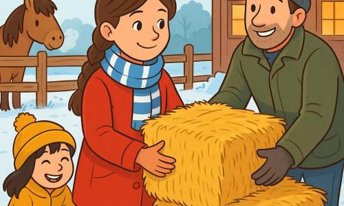 Een rustige glimlachende 10-jarige meisje met bruine gevlochten haren, felrode jas en blauw-wit gestreepte sjaal houdt zacht een strobaal om een windscherm te bouwen; naast haar staat een ongeveer 35-jarige vader in kaki jas en grijze muts die glimlacht en helpt, iets achter en rechts; links van het hoofdmeisje hurkt een ongeveer 9-jarig meisje met los zwart haar, pomponmuts en mosterdkleurige jas terwijl ze lacht en een andere strobaal vasthoudt; op de achtergrond steekt een kleine bruine pony met korte manen zijn snuit buiten het houten erf en blaast witte ademwolken; locatie: een winterse kleine educatieve boerderij met vergrijsd houten erf, bevroren grond met voetsporen en dunne sneeuwlaag, stapel gouden stro en een houten gebouw met beslagen ramen en warme binnenverlichting; situatie: kinderen stapelen strobalen als windscherm, verzorgde samenwerking en een warme, zachte sfeer ondanks de kou, warme kleuren contrasteren met het bleke winterluchtje.