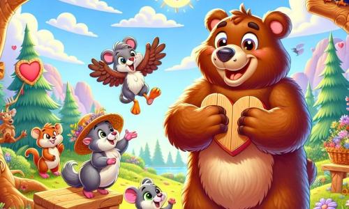 Um grande urso pardo, Tico, com pelagem espessa e olhos redondos e curiosos, está no centro da cena, exibindo um sorriso alegre e maravilhado. Ele segura um coração de madeira gravado com a palavra 