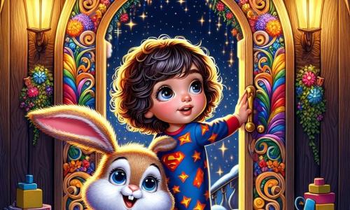 O fată de 12 ani, pe nume Maria, cu ochi mari și strălucitori și păr creț, poartă un pijama de supererou în culori vii. Are un zâmbet minunat pe față, ținându-și prietenul de pluș, un iepuraș adorabil pe nume Puf, care are urechi lungi și blană moale și pufoasă. Puf, care arată vesel și jucăuș, stă lângă ea, pregătit să o conducă într-o aventură magică. Scena se desfășoară într-o grajd elegant din lemn, iluminat de lumina lunii, cu stele strălucitoare care se văd prin feronerie. Jucării colorate sunt împrăștiate în jurul lor, adăugând o notă de fantezie mediului. Maria și Puf stau în fața unei mari porți magice, ornamentate cu culori strălucitoare și motive jucăușe, care pare să vibreze de energie. Sunt pe cale să treacă prin această poartă, nerăbdători să descopere lumea râsului și a bucuriei care îi așteaptă de cealaltă parte.