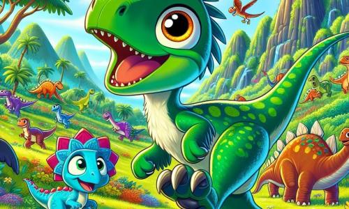 Un velociraptor llamado Rippy, con plumas verde esmeralda brillantes y ojos curiosos como luciérnagas, corre alegremente por un claro soleado, con una gran sonrisa en su rostro. A su lado, su mejor amiga Tilly, una pequeña estegosaurio con placas brillantes, salta con entusiasmo, sus ojos chispeando de alegría. Al fondo, un grupo de dinosaurios coloridos, incluidos majestuosos brontosaurios y triceratops, se reúnen alrededor de un árbol frutal lleno de frutas jugosas. El lugar es un hermoso valle verde, rodeado de montañas volcánicas humeantes, con flores vibrantes y un cielo azul brillante. La escena principal muestra a Rippy y Tilly descubriendo un nuevo territorio, listos para explorar y vivir aventuras juntos, llenos de emoción y curiosidad.