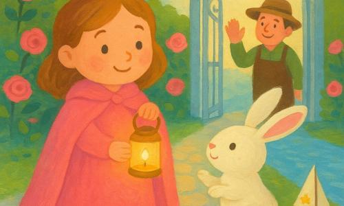 A 5-year-old princess with a small golden crown and pink cape, round smiling face, tender and brave, gently lights a small baby lantern that begins to glow warm golden; Pip the white fluffy rabbit with big pink ears hops beside her, amazed and clapping; a gardener in his 40s with brown hair under a canvas hat stands by an open silver gate marked with a moon, smiling and waving; setting: a magical courtyard paved with sugar-colored stones, a narrow pale-blue stream with a tiny star-sailed boat, pink rosebushes lining the path; soft pastel gouache style, simple, toddler-friendly composition.