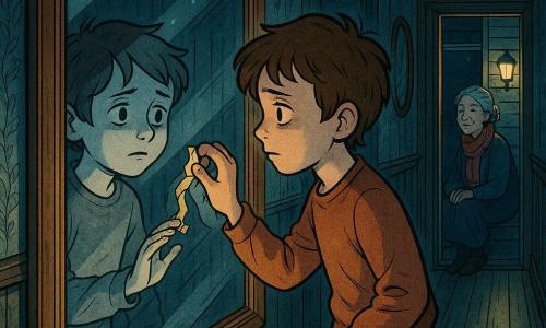 An anxious but brave 8-year-old boy, Milo, round-faced with tousled brown hair and bright wide eyes, gently presses a crumpled ribbon against a large framed mirror—his flashlight off in his pocket—while his reflection, slightly paler and melancholic, mirrors the gesture from the other side; an elderly Mrs. Wren, about 70 with grey hair in a bun and a colorful scarf, sits on the porch steps smiling softly in the background, all set in a narrow, worn wood-paneled hallway with faded floral wallpaper, a row of oval mirrors, creaky floorboards and moonlight casting long shadows and dust motes—a tender, slightly eerie nighttime scene of Milo returning the ribbon to heal a memory.