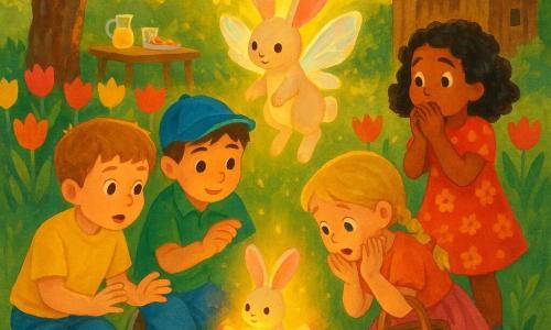 Five characters: four children—Jamie, a light-brown-haired boy in a bright yellow T-shirt and blue shorts, crouched left of a pink-and-gold speckled egg, protective and amazed; Maya, a curly black-haired girl in a red floral dress, standing right with hands near her mouth, surprised; Leo, a brown-haired boy in a blue cap and green shirt, kneeling behind the egg, gently touching the shell; Sophie, a blonde girl in braids with a pink skirt holding a patterned basket, leaning forward as if to shield the egg—and one magical creature, Luna, a small cream-white winged rabbit with pink inner ears and iridescent translucent wings, floating just above the cracked egg; setting: a morning country garden with dewy green grass, red and yellow tulips, an old apple tree left, a light wooden shed right background and a wooden table with lemonade and cookies, golden morning sunlight filtering through leaves; main scene: discovery and wonder as the glowing cracked egg emits a soft light, the children form a protective semicircle and Luna emerges with half-folded wings, creating a tender, magical atmosphere.
