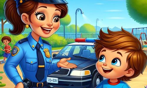In the center of the image, a smiling police officer, Officer Mary, is a woman in her thirties with brown hair tied in a ponytail. She wears a bright blue uniform and a shiny badge on her chest, slightly leaning toward a small boy. Her face expresses joy and kindness as she shows Timmy her police car. Next to her, Timmy, a six-year-old boy with messy blonde hair and sparkling eyes, admires the car. He wears a red t-shirt with a superhero design and blue shorts, standing with his hands on his hips and a big smile, full of excitement. The setting is a sunny park with lush trees and colorful flowers around. In the background, children are playing on swings and slides, while a clear blue sky stretches above them. The main scene shows Officer Mary explaining to Timmy how her police car works, with flashing lights and a siren, while a small cat is stuck in a nearby tree, adding a touch of adventure to this joyful scene.