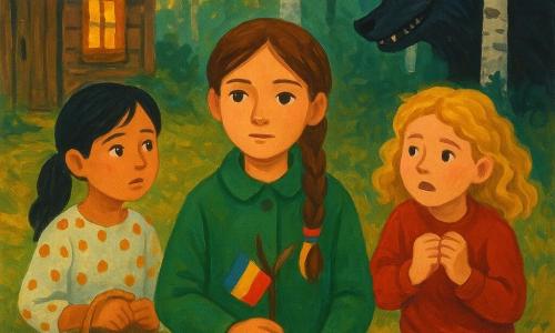 Há quatro personagens: Lia, 9 anos, trança castanha com uma pequena fita amarela-azul-vermelha, casaco verde, no centro com olhar calmo, segurando a fita pronta para amarrar num ramo; Mena, 9 anos, cabelo preto em rabo, vestido às bolinhas, à esquerda recuada, com uma cestinha de pão e olhar preocupado para Lia; Joana, 9 anos, cabelos loiros encaracolados, suéter vermelho, à direita junto a uma árvore, mãos cerradas pronta para correr, olhando para a casa; e um grande lobo escuro, pelagem cinza‑preta, olhos amarelos, escondido entre os bétulas ao fundo, corpo agachado, sorriso largo e ameaçador. O lugar é uma clareira na borda de uma floresta de bétulas e pinheiros, chão de folhas amarelas e musgo verde, um caminho lamacento e uma casinha de madeira à esquerda com porta e janela gastas, luz dourada do entardecer filtrando entre os ramos. Situação: as três meninas estão juntas, uma fita colorida presa a um ramo perto do caminho enquanto o lobo observa oculto entre as árvores; cores quentes para as meninas e a casa, tons frios e contrastados para o lobo e as árvores, atmosfera de tensão suave e coragem.