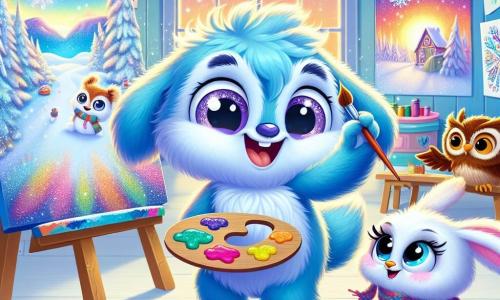 Nibbles, a small blue and fluffy creature with large sparkling eyes, is painting a beautiful mural on a giant canvas. He has a big smile, overflowing with excitement and creativity, as he uses a palette of bright colors to depict a magical winter landscape. Flurry, an adorable little white bunny with long silky ears, is next to him, painting shimmering snowflakes. She looks joyful and focused, her pink cheeks revealing her enthusiasm. Twinkle, a wise owl with brown feathers and round eyes, is perched nearby, watching his friends' work with an admiring gaze. He appears thoughtful, ready to share an inspiring winter story. The setting is a bright art room with walls decorated with children's projects, sunlight streaming through the winter windows, and snowflakes gently falling outside, creating a magical and warm atmosphere. The main scene shows Nibbles and his friends in the midst of creation, united in their passion for art, surrounded by vibrant colors and a joyful ambiance, capturing the spirit of winter in Frostvale.