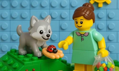 Mały szczeniaczek wilczka LEGO stoi na zielutkim wzgórku, uśmiechnięty, o jasnoszarym futerku z białymi akcentami, trzyma otwartą dłoń z małą czerwoną biedronką w czarne kropki; po prawej nauczycielka LEGO w pastelowej sukience, związane włosy, wskazuje ziemię i trzyma reklamówkę z zebranymi śmieciami; po lewej błyszczący brązowy ślimak LEGO przy małym kamyczku z wyciągniętymi czułkami i świecącym śladem; sceneria: pagórek z teksturowanych zielonych klocków, jasnobrązowe liście i gałązki, mała błękitna kałuża, jasnoniebieskie niebo z białymi chmurami z klocków i uśmiechniętym żółtym słońcem w prawym górnym rogu; główna sytuacja: spokojna radosna chwila, wilczek obserwuje biedronkę, nauczycielka pokazuje znaczenie ochrony przyrody, dzieci pozbierały śmieci, wiosenna, jasna atmosfera, żywe kolory i delikatne cienie dla głębi.