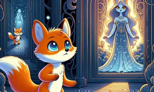 Un pequeño zorro llamado Zafir, con un pelaje naranja brillante y ojos llenos de curiosidad, se encuentra en el centro de un laberinto de espejos. Parece decidido, con las orejas erguidas y la cola en forma de penacho, listo para enfrentar sus miedos. Cerca de él, el Guardián del Laberinto, una figura esbelta y etérea con un vestido flotante de bruma y ojos que brillan como estrellas, observa a Zafir con una sonrisa benevolente, animándolo en silencio. El lugar es un laberinto misterioso, donde los espejos reflejan sombras inquietantes y luces titilantes, creando una atmósfera mágica y aterradora. Los muros del laberinto están adornados con lianas oscuras y flores luminosas, añadiendo un toque de misterio. La situación principal muestra a Zafir avanzando valientemente a través del laberinto, desafiando los reflejos perturbadores de sus miedos, mientras el Guardián lo cuida, listo para ofrecerle guía y apoyo.
