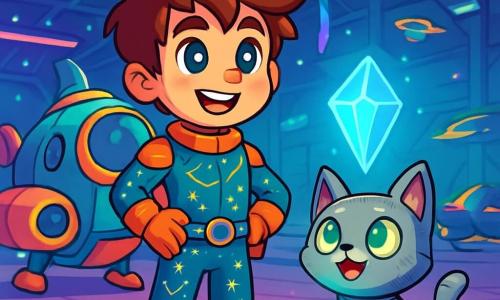 Orion, um jovem com cabelo desgrenhado e olhos brilhantes como estrelas, está diante de sua nave espacial. Seu rosto expressa determinação entusiasmada, com um sorriso largo e bochechas levemente rosadas. Ele veste um traje futurista de cores vivas, decorado com padrões de constelações cintilantes. Ao seu lado, Lume, um pequeno robô-gato de olhos luminosos e pelagem prateada, observa o holograma do cristal azul projetado no ar, parecendo curioso e animado. Ao fundo, o Hangar dos Sonhos é um vasto espaço repleto de naves coloridas e gadgets flutuantes, com paredes de metal brilhante e luzes de néon que dançam como auroras boreais. Cristais luminosos pendem do teto, adicionando um toque mágico ao ambiente. A cena mostra Orion, pronto para embarcar em sua viagem intergaláctica, examinando o holograma que revela o misterioso caminho para a Chave do Infinito, com uma atmosfera de excitação e aventura prometendo descobertas extraordinárias no vasto espaço.