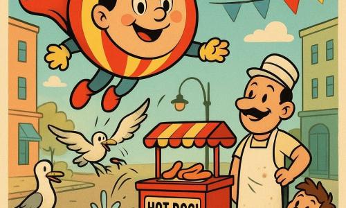 Super Janek — wielki, czerwono‑żółty balon z uśmiechniętą, figlarną twarzą — unosi się nad ulicą, zakrywając właz kanalizacyjny i zatykając mały wyciek; obok stoi około 40‑letni sprzedawca hot‑dogów z wąsami, w poplamionym białym fartuchu i kapeluszu, przy małym czerwonym wózku, uśmiechając się do balonu; u dołu po prawej zdumiony chłopiec (ok. 6 lat) z brązowymi, potarganymi włosami trzyma balonik; obok dwa komiczne mewy (białe i jasno‑szare), jedna dziobie hot‑doga, druga wygląda zaskoczona; słoneczna miejska ulica z brukowanymi chodnikami, pastelowymi kamienicami, małą fontanną, wygiętym latarnią, miękkimi chmurami i proporczykami; scena dynamiczna, zabawna, z przesadzonym ruchem, żywymi kontrastami, grubymi czarnymi konturami, nasyconymi kolorami, gładkimi teksturami i czytelnymi wyrazami twarzy, kompozycja skupiona na unoszącym się bohaterze.