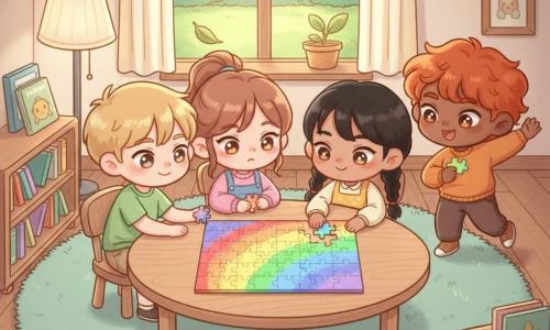Vier Kinder: Lina, Mädchen 7 Jahre, hellbraune Zöpfe, große glänzende Augen, etwas müdes Gesicht, sitzt links-mittig am runden Tisch und hält ein kleines Stück des Regenbogenpuzzle; Jonas, Junge 7 Jahre, kurze blonde Haare, sanftes Lächeln, links von Lina, lehnt sich vor und reicht ihr ein Puzzleteil mit der rechten Hand; Mia, Mädchen 7 Jahre, schwarze Zöpfe, warmes Gesicht, rechts von Lina, fügt ein buntes Teil ein und schaut liebevoll zu ihr; Paul, Junge 7 Jahre, rote Locken, lebhaft aber ruhig, steht rechts hinter dem Tisch und setzt das letzte Eckstück ein, leichte Freudensprunghaltung. Ort: gemütlicher Spielraum mit pistazienfarbenem Teppich, hellem Holztisch voller bunter Puzzleteile, cremefarbene Stehlampe, niedrige Bücherregal mit Bilderbüchern, großes Fenster mit goldenem Licht und Blick auf einen grünen Garten, leichte Brise bewegt zwei Blätter am Fensterbrett. Situation: Die vier Kinder setzen gemeinsam ein großes Regenbogenpuzzle zusammen; Lina wirkt müde, aber erleichtert, während die Freunde ihr beim Fertigstellen des letzten Teils helfen, sanfte Atmosphäre, pastellgesättigte Farben, weiche Texturen, zärtliche, leicht überzeichnete Gesichtsausdrücke, Fokus auf Hilfsbereitschaft und dem glänzenden Puzzle in der Mitte.