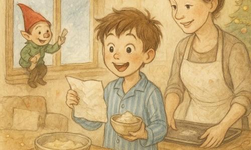 Un niño de 8 años, Leo, alegre y sorprendido, cabello castaño despeinado, ojos grandes, en pijama de rayas, sostiene un papel arrugado (la receta) y un bol pequeño de masa junto a una mesa baja; la madre, de 30–40 años, con sonrisa suave, pelo recogido y delantal con harina, prepara una bandeja detrás de él y lo mira con ternura; un duendecillo travieso, del tamaño de una mano, con gorro rojo y chaqueta verde y una mancha de harina en la nariz, está en el alféizar de la ventana haciendo un gesto pícaro y sujetando un papel; el gato Nube, blanco y gris con lazo rojo, se desliza entre las piernas de Leo mirando una galleta en forma de estrella en el suelo; la cocina es cálida y acogedora, con utensilios y un árbol de Navidad cercano, ventana helada y ligera nieve; situación principal: descubrimiento alegre del duende y recuperación de la receta mientras la madre prepara las galletas, ambiente navideño con luz dorada y pequeñas motas de harina.