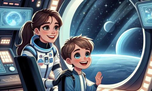 El personaje principal es Ana, una astronauta de unos treinta años, con cabello castaño recogido en una coleta. Lleva un traje espacial blanco y azul, y su rostro expresa alegría y asombro mientras mira por la ventanilla de su nave espacial. A su lado, un niño de 8 años, llamado Lucas, con cabello rubio y ojos brillantes, está sentado en una silla, con las manos en las rodillas y una gran sonrisa, fascinado por lo que ve afuera. El lugar es el interior de una nave espacial moderna, con paneles de control iluminados, pantallas que muestran imágenes de planetas y estrellas, y una gran ventanilla que da a un cielo estrellado y un hermoso planeta azul de fondo. La situación principal muestra a Ana y Lucas, maravillados, mirando juntos por la ventanilla, mientras Ana le explica a Lucas las maravillas del espacio, creando un momento mágico de descubrimiento y sueño.