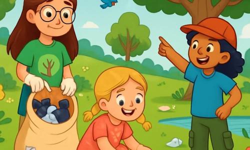 Er zijn 3 personages: Noor, een 8-jarig meisje met lang bruin haar en ronde bril, draagt een groene t-shirt met een tekening van een boom en een spijkerbroekshort. Ze houdt een grote canvas tas vast vol met handschoenen en vuilniszakken. Emma, een 7-jarig meisje met blonde gevlochten haren en een stralende glimlach, draagt een roze bloemenjurk en sandalen. Ze zit op de grond en raapt een stuk plastic op met een tang. Lila, een 9-jarig meisje met krullend zwart haar en een rode pet, draagt een blauwe t-shirt en cargobroek. Ze staat rechtop en wijst naar een majestueuze boom terwijl ze de anderen uitlegt waar ze moeten beginnen met opruimen. De situatie speelt zich af in een groot groen park vol kleurrijke bloemen, imposante bomen en een glinsterend waterpartijtje. Vogels vliegen in de blauwe lucht, terwijl vlinders rond de bloemen fladderen. Er liggen echter afvalstukken verspreid over de grond, wat een contrast vormt met de schoonheid van de natuur. De hoofdactie toont de drie meisjes vastberaden om het park schoon te maken. Noor, Emma en Lila werken samen, glimlachend en vol energie, om het afval op te ruimen en hun omgeving te beschermen, waardoor het park een nog mooiere plek wordt.