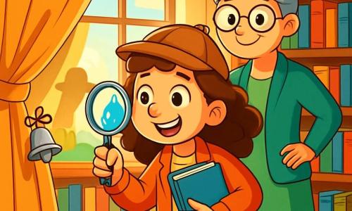 Una giovane detective, Marta, di circa 10 anni, con capelli castani e ricci, tiene una lente d'ingrandimento in una mano e un taccuino blu nell'altra. Il suo viso esprime curiosità ed eccitazione, con occhi brillanti e un ampio sorriso. Si trova davanti a una grande finestra di biblioteca, circondata da libri dalle copertine colorate. Accanto a lei, la bibliotecaria, la signora Bice, una donna di circa cinquant'anni con occhiali rotondi e capelli grigi raccolti, osserva attentamente Marta, con le mani sui fianchi e un'espressione incoraggiante. Il luogo è una biblioteca accogliente, con scaffali in legno pieni di libri dai colori vivaci, tappeti morbidi sul pavimento e raggi di luce dorata che filtrano attraverso la finestra, creando un'atmosfera magica. Marta scopre una misteriosa campanella d'argento nascosta nel gambo di una tenda, mentre un'ombra intrigante si disegna sul muro, rivelando un indizio cruciale per risolvere il mistero.