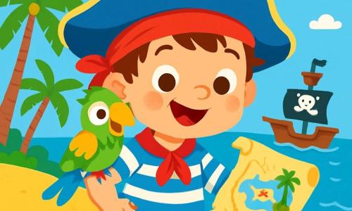 A small pirate boy named Jack, smiling and cheerful, wears a large blue hat and a red scarf. He has messy brown hair and sparkling eyes full of excitement. Jack is holding an old treasure map with one hand on his hip, ready for adventure. Beside him, a colorful parrot with green and yellow feathers perches on his shoulder, curiously looking at the map. The scene is set on a sunny tropical island with lush palm trees and golden sand. In the background, a pirate ship sails on a sparkling blue sea under a clear sky dotted with a few white clouds. The main focus shows Jack, full of energy, ready to search for treasure, with his parrot eagerly by his side, both excited to discover the island's hidden wonders.