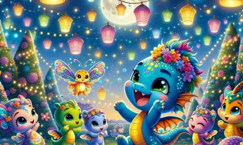 Al centro dell'immagine, Brillino, un piccolo drago colorato con squame blu lucenti e occhi verdi scintillanti, danza gioiosamente con un grande sorriso sul volto, circondato da lanterne colorate che illuminano la notte. Alla sua destra, Lalla, una deliziosa farfalla con ali multicolori, svolazza nell'aria con un'espressione di eccitazione, tenendo una lanterna dorata tra le zampe. Lo scenario è un giardino incantato, pieno di fiori vivaci e grandi alberi, sotto un cielo stellato dove la luna brilla intensamente, creando un'atmosfera festosa e magica. La scena rappresenta la danza delle luci durante la festa di Capodanno, con tutti gli amici di Brillino che si riuniscono attorno a lui, ridendo e ballando sotto le lanterne scintillanti, celebrando insieme l'inizio di un nuovo anno pieno di gioia e avventure.