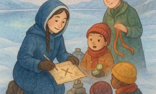 Un'esploratrice, Lucia, sorridente e serena con capelli castani intrecciati sotto un cappuccio blu scuro e un pesante cappotto blu, è inginocchiata su una riva di lago ghiacciato mentre posa una croce su una vecchia mappa di pergamena; a destra, Matteo, un ragazzo di circa 7–8 anni dal volto stupito con berretto rosso, tiene un piccolo compasso di ottone; alla sinistra di Lucia, Elena, donna di circa 40 anni con capelli grigi raccolti e cappotto verde oliva, sorride timidamente mentre adagia un nastro colorato su un piccolo altare di pietre; due bambini accovacciati osservano la mappa sussurrando; il lago ghiacciato riflette un cielo pallido e un'aurora sottile, rive nevose simili a dune, stalattiti di ghiaccio pastello pendono da una parete vicina e una lieve foschia sfuma l'atmosfera in un momento calmo e solenne di condivisione con piccoli tesori e disegni lasciati sulla riva.