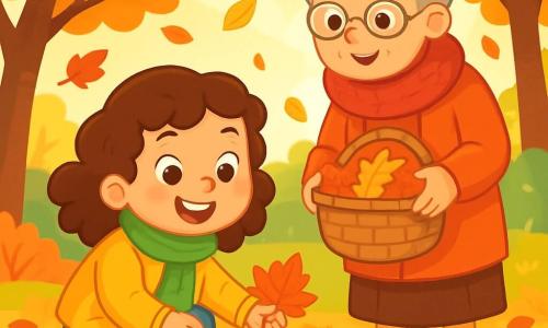 O fetiță de 6 ani, cu părul castaniu și creț, poartă o jachetă galbenă strălucitoare și un fular verde. Are ochi strălucitori de curiozitate și un zâmbet mare și fericit, în timp ce adună frunze colorate de toamnă de pe jos. Lângă ea, bunica ei, o femeie în vârstă de aproximativ 65 de ani, cu părul gri și o eșarfă din lână roșie, zâmbește afectuos ținând un coș plin cu frunze. Se află într-un parc minunat, unde copacii sunt împodobiți cu frunze roșii, portocalii și galbene, iar solul este acoperit cu un covor de culori vii. Scena arată magia toamnei, cu raze de soare filtrându-se printre crengi, în timp ce frunzele cad ușor în jurul lor, creând o atmosferă caldă și veselă.