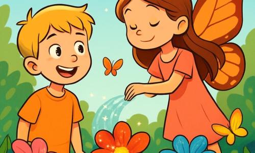 Un niño de 10 años, llamado Mateo, con cabello rubio como el trigo y ojos brillantes de curiosidad, está de pie en un jardín mágico. Su rostro expresa asombro y alegría mientras observa flores coloridas que parecen susurrar secretos. A su lado, una niña con alas de mariposa, de unos 9 años, riega las plantas con una regadera invisible, con su largo cabello flotando como pétalos al viento. Ella sonríe dulcemente, añadiendo un toque de magia a la escena. El jardín está lleno de flores brillantes de todos los colores, con pétalos brillando bajo la luz del sol, y mariposas danzan a su alrededor, creando una atmósfera encantada. Mateo, intrigado, escucha los susurros de las flores que hablan de sueños y miedos, mientras la niña con alas lo anima a descubrir la belleza de las palabras no dichas.
