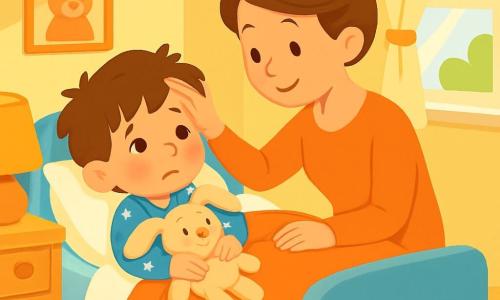 A 4-year-old boy named Max, with messy brown hair and rosy cheeks, is lying in his cozy bed, looking tired yet curious. He is wearing a blue pajama with white stars and holding a bunny-shaped stuffed animal. His mother, a woman in her thirties with brown hair in a bun and a gentle smile, sits next to him on the bed, tenderly stroking his forehead. The room is warm, with pastel yellow walls, toys scattered on the floor, and sunlight filtering through light cotton curtains, creating a comforting atmosphere. The main scene shows Max feeling a bit unwell, snuggled under his blanket, while his mother softly talks to him, offering hugs and reassuring words to comfort him.