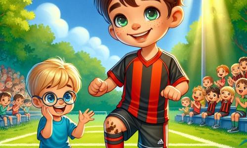 Max, ein 12-jähriger Junge, steht im Mittelpunkt des Bildes mit einem breiten Lächeln und funkelnden Augen. Er trägt ein rot-schwarzes Fußballtrikot und eine passende Shorts und dribbelt einen Fußball auf dem Platz. Seine braunen Haare sind zerzaust und er hat Schlammspritzer auf den Knien, was seine Begeisterung für das Spiel zeigt. Neben ihm steht Tim, ein 10-jähriger Junge mit blonden Haaren und Brille, der begeistert applaudiert. Er trägt ein blaues T-Shirt und eine gelbe Shorts und hält ein kleines Schild mit 