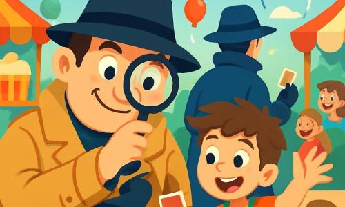 Um homem de estatura média, com o rosto redondo e sorridente, usa um grande chapéu preto e um espesso casaco bege. Seus olhos brilham de excitação enquanto observa atentamente uma cena misteriosa com sua lupa. Ao seu lado, um garoto de dez anos, com cabelos castanhos bagunçados, usa uma camiseta colorida e um short. Ele faz gestos de mágica, cativando a atenção dos espectadores ao redor. O cenário está no meio de um festival animado, com barracas coloridas decoradas com guirlandas, balões flutuando no céu azul e crianças rindo por toda parte. Cheiros de pipoca e algodão-doce pairam no ar, contribuindo para a atmosfera alegre. A situação principal mostra o detetive amador, intrigado, seguindo um homem misterioso de casaco azul que acaba de roubar um cartão. A expressão de curiosidade em seu rosto contrasta com a excitação do garoto que o acompanha, pronto para ajudá-lo nesta aventura emocionante.