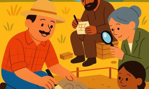 O personagem principal é um homem chamado senhor Tomás, sorridente e concentrado, rosto redondo com bigode fino, chapéu largo bege e camisa xadrez, ajoelhado limpando delicadamente uma pequena pedra lisa com desenhos gravados; a menina Joana, cerca de 8 anos, cabelo castanho em trança e vestido azul-claro, está à esquerda segurando um pincel e olhando com curiosidade; a mulher Dona Rita, cerca de 40 anos, cabelo grisalho preso, usa lupa redonda e jaqueta cáqui, está recuada à direita observando de perto; o senhor Paulo, cerca de 45 anos, barbado, com boné marrom e caderno, está sentado numa caixa atrás de Tomás desenhando um plano; cenário: campo ensolarado de ervas douradas, solo arenoso com uma trincheira rasa cercada por cordas vermelhas e estacas, algumas caixas e ferramentas limpas ao redor; situação: momento calmo e paciente de escavação, atmosfera suave, cores vivas e formas simples, composição clara e legível para crianças.